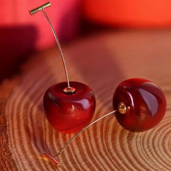 NWT Glossy Resin Cherry Earrings 3D Fruit Dangle Statement Jewelry Y2k Kawaii - Picture 2 of 6